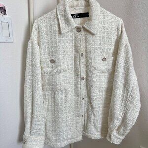 Zara White Textured Bouclé Tweed Oversized Button-Up Jacket